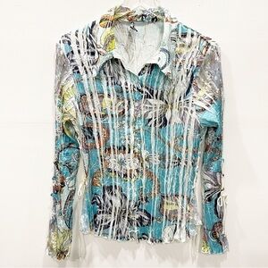 Komarov Lace-Up Side Long Sleeve Crinkle Lace Button Up Blouse Rop Medium